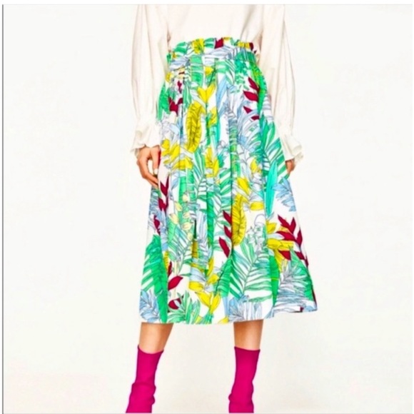ZARA Green Yellow Tropical Print High Waist MIDI Skirt Sz Small - Picture 14 of 15